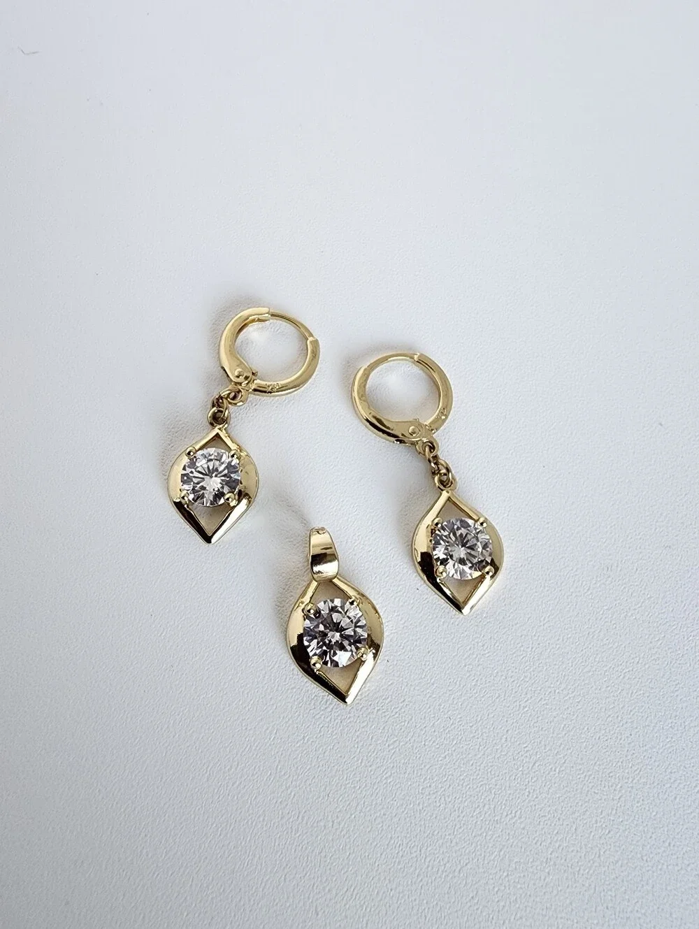 Gold Plated CZ Teardrop Pendant & Hoop Earrings Jewelry Set New